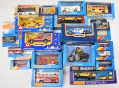 Twenty 1980's and early 90's Matchbox diecast model cars and buses to include Plymouth Taxi K-79,