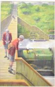 Norman Elford (1931-2007) acrylic schoolboys on a railway footbridge trainspotting a Great Western