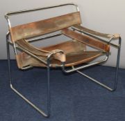 Marcel Breuer Wassily mid century retro style chair with chrome frame and brown leather upholstery