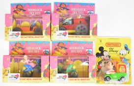 Five diecast model character cars comprising four CB Toys Sherlock Holmes vehicles and a Matchbox