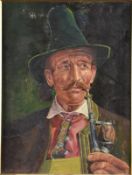 R Murdlack oil on board of a gentleman wearing a hat and smoking a pipe, probably German / Bavarian,