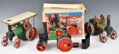 Three Mamod live steam vehicles comprising S.R.1a Steam Roller in original box and T.E1 and T.E.1a