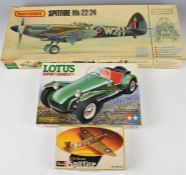 Three vintage plastic model kits comprising Matchbox PK-501 Spitfire Mk-22/24, Revell Spitfire H-