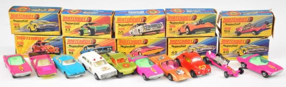 Ten Matchbox Superfast diecast model cars comprising numbers 4, 13, 14, 31, 40x3, 55, 64 and 75, all