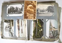 Edwardian postcard album including topographical, military, humorous, transport, horse drawn tram,