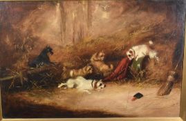 George Armfield (1808-1893) oil on canvas dogs playing in a hay barn, signed lower left, 49.5 x