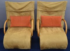 Ligne Roset contemporary pair of bentwood steel framed armchairs with upholstered suede covers