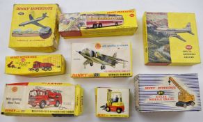 Eight vintage Dinky Toys diecast models in original boxes to include Vega Major Luxury Coach 952 and