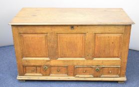 18th / 19thC oak mule chest with hinged lid, twin drawers and candle box within, W230 x D56 x H74cm
