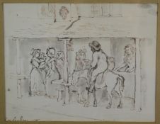 Thomas Rowlandson (1756-1827) pen and ink study of figures gathered outside a pub, one on horseback,