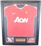 Lee Sharp and Gary Pallister signed Manchester United football shirt, mounted in a framed display,