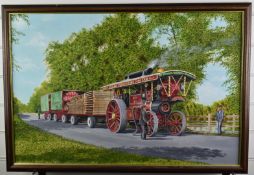 V Gerald Garrett oil on board showman's steam engine with road train, signed and dated 94 lower