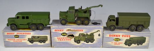 Three Dinky Toys diecast model military vehicles comprising 10-Ton Army Truck 622, Tank