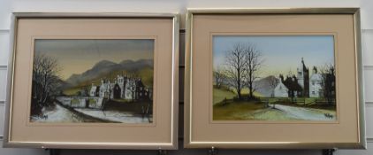 Ron Folland (born 1932) two watercolour winter landscapes, both of large country houses in