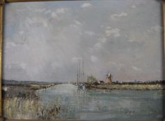 John Sutton (born 1935), oil on canvas Norfolk landscape with boats and windmill, Evening on the