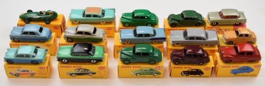 Fifteen vintage Dinky Toys diecast model cars comprising numbers 40G, 145,152,158, 159, 160, 161,
