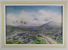 Roland Green (1890-1972) watercolour grouse in flight above a moorland or highland landscape, signed