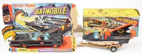 Corgi diecast model Batmobile with Batman and Robin 267, together with Batboat and Trailer 107, both