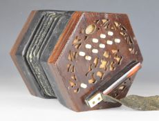 Lachenal & Co. 20 key hexagonal Anglo concertina, with fretwork ends and bone keys, numbered 141352