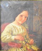 19th century oil on canvas portrait of a girl working on a wreath or similar floral display, 56 x