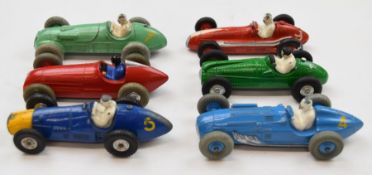 Six Dinky Toys diecast model racing cars comprising Cooper-Bristol 23G, Maserati 23I, Alfa-Romeo
