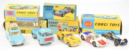 Five Corgi Toys diecast model cars comprising Cooper Maserati F1 156, Chevrolet Corvette Stingray