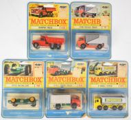 Five Matchbox American/Canadian 49 cent variant diecast model cars comprising Ford Refuse Truck 7,