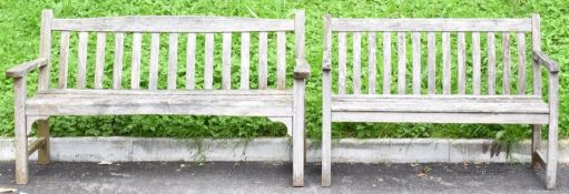 Two teak garden benches, one with shaped apron, largest 159cm long