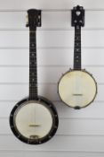 Mid-20thC four string banjo with mother of pearl heart shaped inlay, length 54cm and a larger four