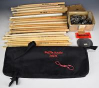 A collection of drumsticks and a drumstick bag belonging to Buffin, plus drum spares. Formerly the