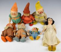 Chad Valley/Disney 1930s Snow White with five dwarfs felt headed dolls comprising Snow White (