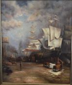 N. Nicholas oil on canvas sailing ships by a busy dockside, signed lower left 60 x 50cm, in ornate