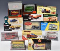 A collection of fifteen diecast model buses, trams and trucks by Corgi and Gilbow Exclusive First