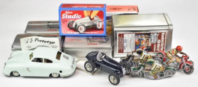 Five reproduction tin plate toys comprising JNF Prototyp Porsche, Schuco Studio Mercedes Grand