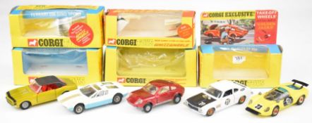 Five Corgi Toys diecast model sports cars comprising Chevrolet SS 350 Camaro 338, Ferrari 206 Dino