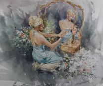 Gordon King (1939-2022) watercolour 'That Special Ring', woman at a dressing table admiring a ring
