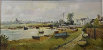 Denys Garle (20th century) oil on board coastal landscape, boats on a beach with church beyond,