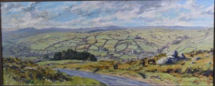 Ernest Knight (1915-1995) oil on canvas view from Widecombe Hill, Dartmoor, signed lower right and