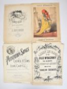 A collection of sheet music and covers, some with politically incorrect titles relating to the