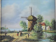 Dutch oil on board landscape with windmills and waterway, indistinctly signed lower right possibly