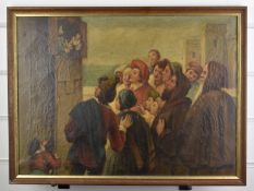 Early 20th century oil on canvas Punch and Judy show with monks in the crowd watching and sea