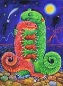 Nikolaj Korelov (Russian, born 1963) oil on canvas two dinosaurs or similar creatures hugging,
