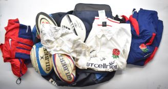 England Rugby kit bag with four Gilbert / Adidas match balls, some signed, signed England shirt,
