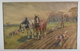 J Valentine two watercolours, the larger horses ploughing a field with the hunt running through,