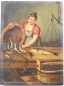 19th century oil on panel lady gutting fish, initialled lower right HS, 23 x 16.5cm, in gilt frame