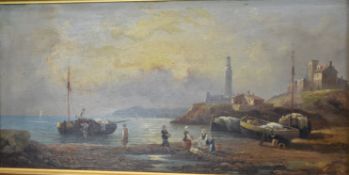 Charles Kuwasseg (1833-1904), oil on panel coastal scene beached boats and figure with lighthouse