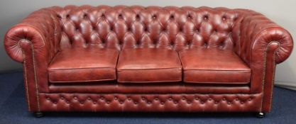 Thomas Lloyd red leather Chesterfield three seater sofa, length 206cm with Thomas Lloyd leather care