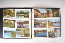Fishing themed postcard album including American, Houghton Bridge, Scotland fly fishing, sea