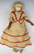 Victorian wax on composition doll with stuffed cloth body, fixed black glass eyes, closed mouth,
