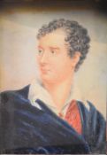 Watercolour portrait miniature on card of Lord Byron, 12 x 9cm, in gilt and ebonised frame
